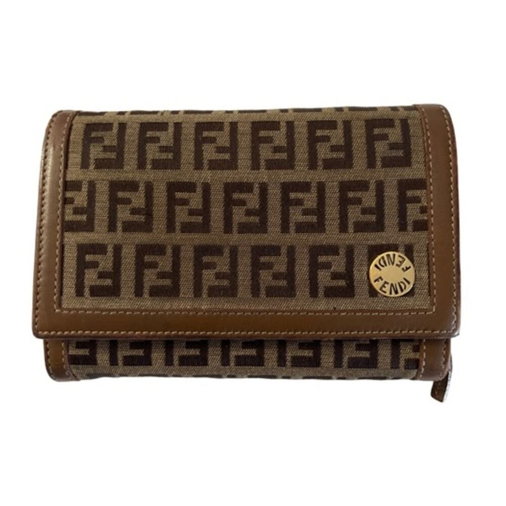 Fendi Zucchino Canvas Bifold Wallet FF Monogram Tan Brown Made in Italy Y2K